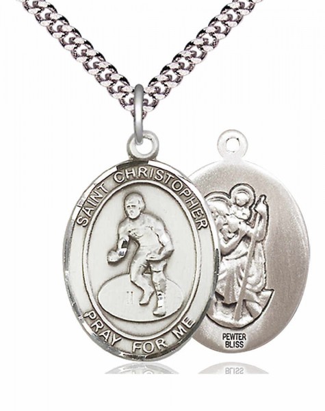Men's Pewter Oval St. Christopher Wrestling Medal - 20" Rhodium Plate Chain + Clasp