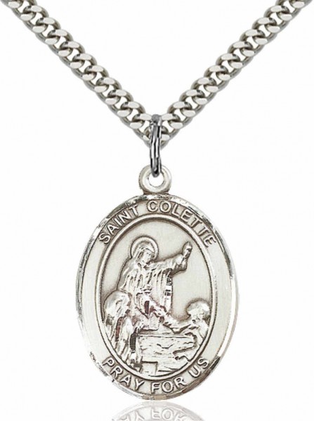 Men's Pewter Oval St. Colette Medal - 20" Rhodium Plate Chain + Clasp