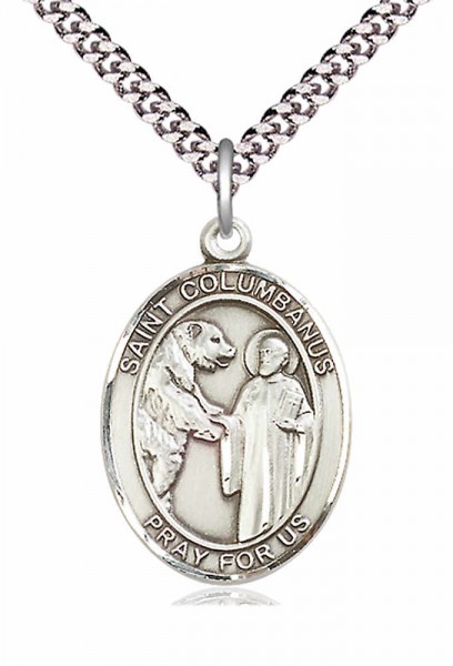 Men's Pewter Oval St. Columbanus Medal - 24" 2.4mm Rhodium Plate Endless Chain