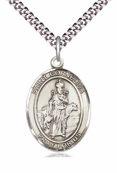 Men's Pewter Oval St. Cornelius Medal - 20" Rhodium Plate Chain + Clasp