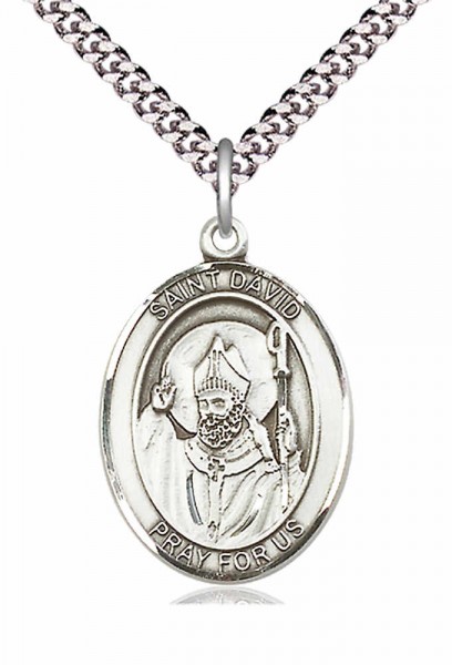 Men's Pewter Oval St. David of Wales Medal - 24" 2.4mm Rhodium Plate Endless Chain