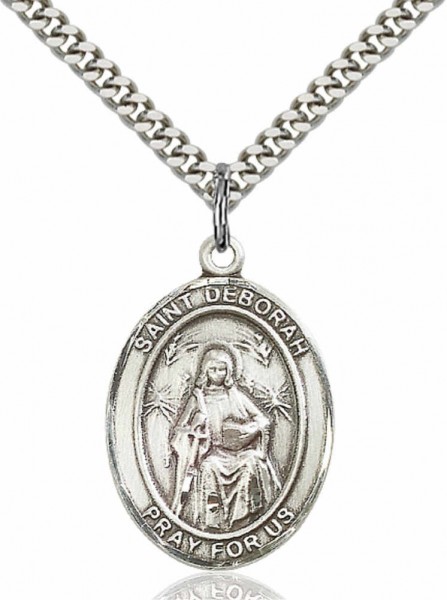 Men's Pewter Oval St. Deborah Medal - 24" 2.4mm Rhodium Plate Endless Chain