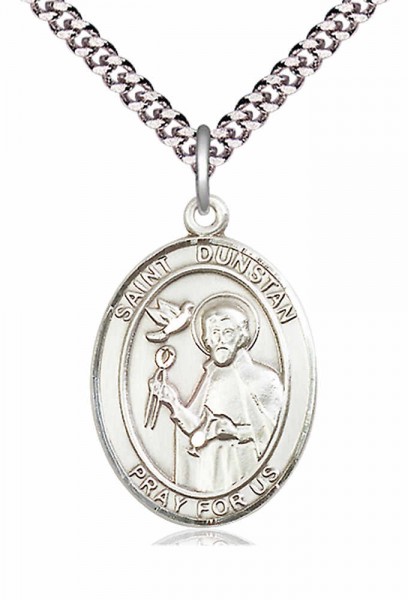 Men's Pewter Oval St. Dunstan Medal - 24" 2.4mm Rhodium Plate Endless Chain