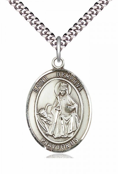 Men's Pewter Oval St. Dymphna Medal - 20" Rhodium Plate Chain + Clasp
