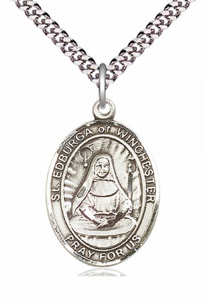 Men's Pewter Oval St. Edburga of Winchester Medal - 20" Rhodium Plate Chain + Clasp