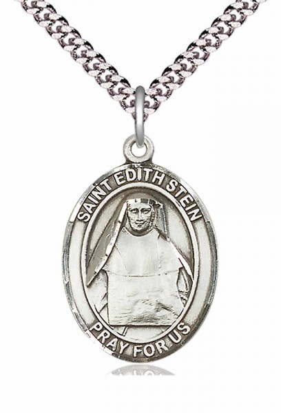 Men's Pewter Oval St. Edith Stein Medal - 24" 2.4mm Rhodium Plate Chain + Clasp