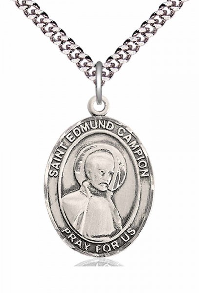 Men's Pewter Oval St. Edmund Campion Medal - 20" Rhodium Plate Chain + Clasp