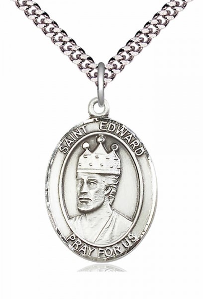 Men's Pewter Oval St. Edward the Confessor Medal - 24" 2.4mm Rhodium Plate Endless Chain