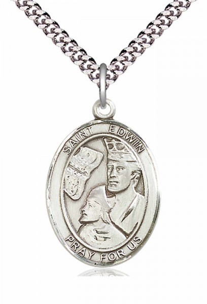 Men's Pewter Oval St. Edwin Medal - 24" 2.4mm Rhodium Plate Chain + Clasp
