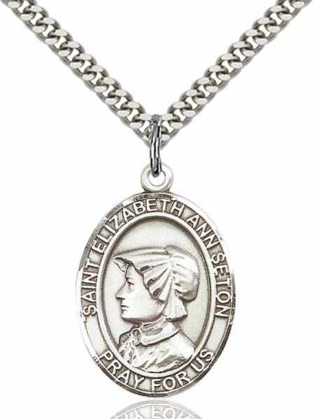 Men's Pewter Oval St. Elizabeth Ann Seton Medal - 24" 2.4mm Rhodium Plate Endless Chain