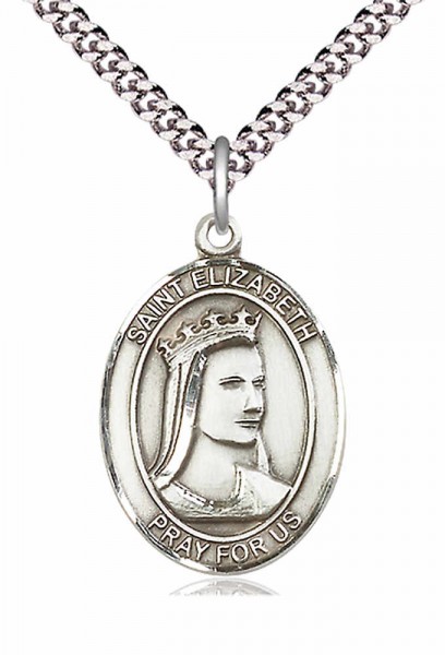 Men's Pewter Oval St. Elizabeth of Hungary Medal - 20" Rhodium Plate Chain + Clasp