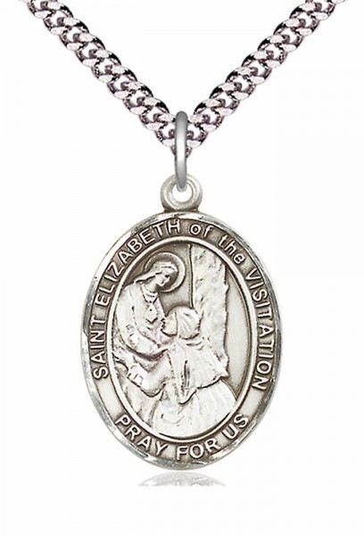 Men's Pewter Oval St. Elizabeth of the Visitation Medal - 20" Rhodium Plate Chain + Clasp
