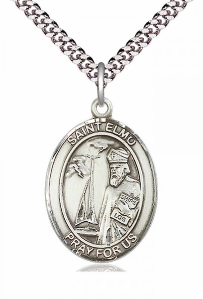 Men's Pewter Oval St. Elmo Medal - 20" Rhodium Plate Chain + Clasp