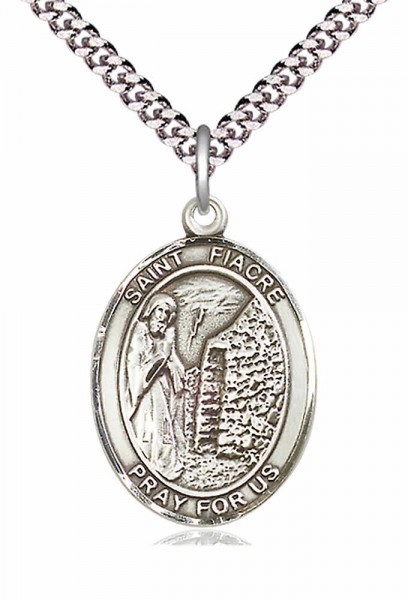 Men's Pewter Oval St. Fiacre Medal - 20" Rhodium Plate Chain + Clasp