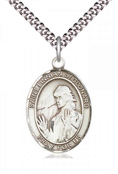 Men's Pewter Oval St. Finnian of Clonard Medal - 24" 2.4mm Rhodium Plate Endless Chain