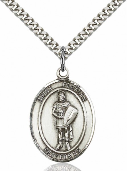 Men's Pewter Oval St. Florian Medal - 24" 2.4mm Rhodium Plate Chain + Clasp