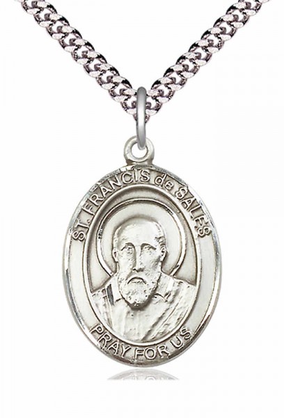 Men's Pewter Oval St. Francis De Sales Medal - 20" Rhodium Plate Chain + Clasp
