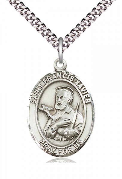 Men's Pewter Oval St. Francis Xavier Medal - 24" 2.4mm Rhodium Plate Chain + Clasp