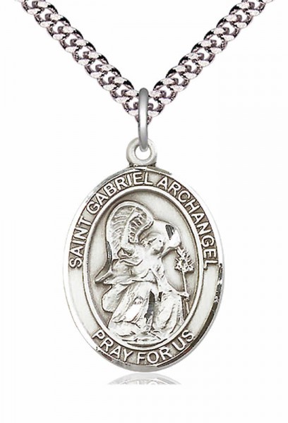 Men's Pewter Oval St. Gabriel the Archangel Medal - 24" 2.4mm Rhodium Plate Chain + Clasp