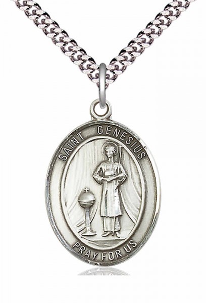 Men's Pewter Oval St. Genesius of Rome Medal - 24" 2.4mm Rhodium Plate Endless Chain