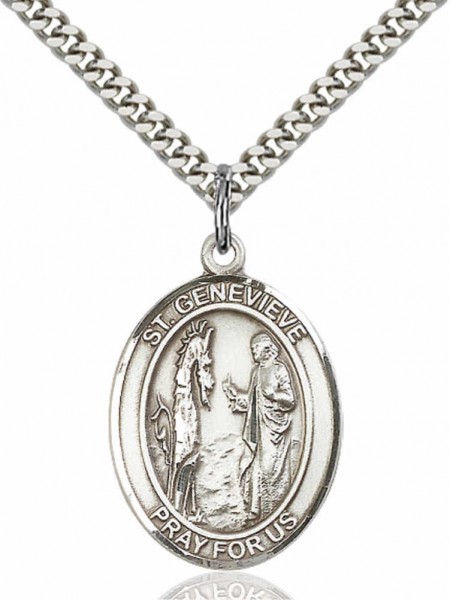 Men's Pewter Oval St. Genevieve Medal - 24" 2.4mm Rhodium Plate Endless Chain