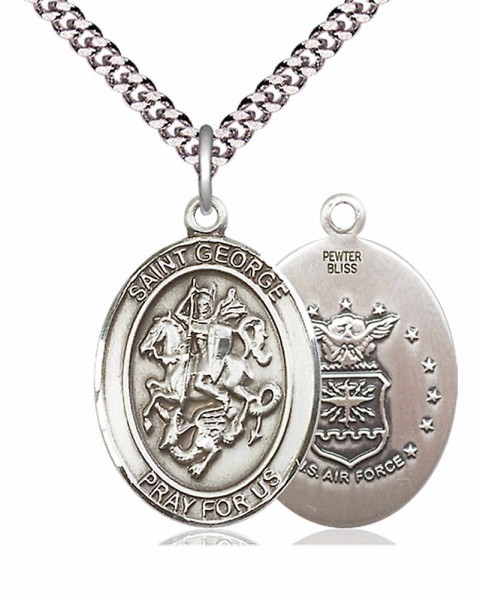 Men's Pewter Oval St. George Air Force Medal - 20" Rhodium Plate Chain + Clasp