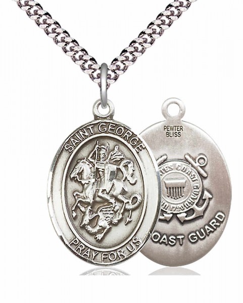 Men's Pewter Oval St. George Coast Guard Medal - 20" Rhodium Plate Chain + Clasp