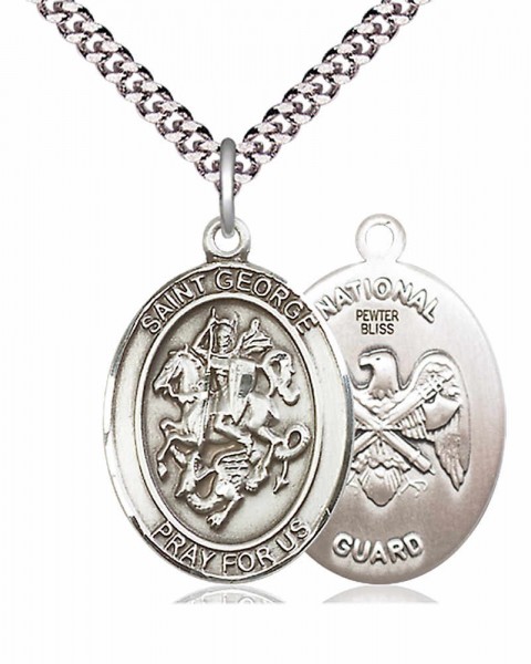 Men's Pewter Oval St. George National Guard Medal - 24" 2.4mm Rhodium Plate Chain + Clasp