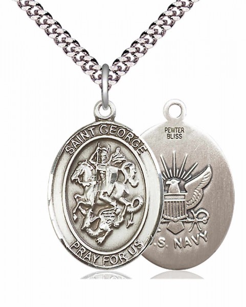 Men's Pewter Oval St. George Navy Medal - 20" Rhodium Plate Chain + Clasp
