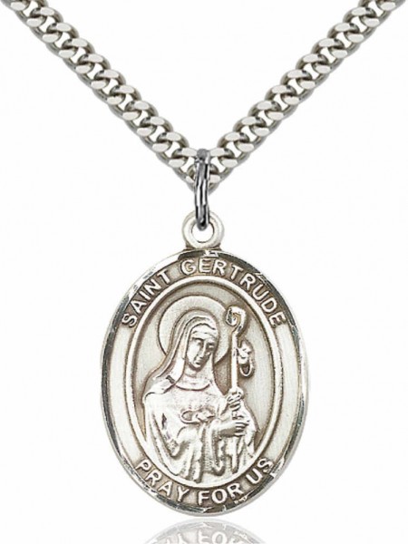 Men's Pewter Oval St. Gertrude of Nivelles Medal - 24" 2.4mm Rhodium Plate Endless Chain