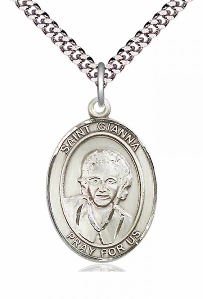 Men's Pewter Oval St. Gianna Medal - 24" 2.4mm Rhodium Plate Chain + Clasp