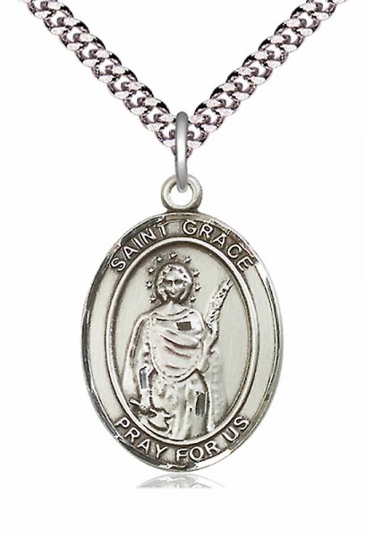 Men's Pewter Oval St. Grace Medal - 20" Rhodium Plate Chain + Clasp