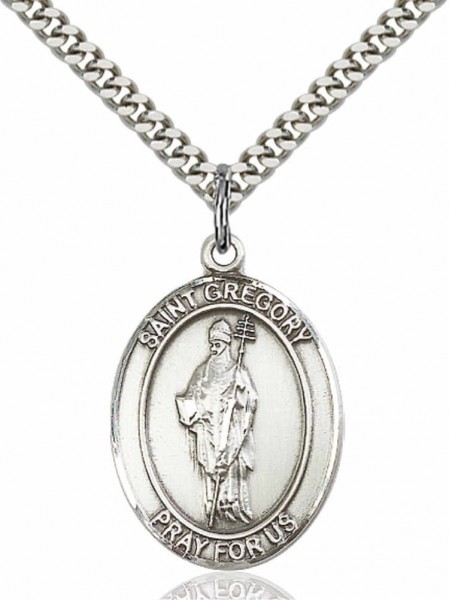 Men's Pewter Oval St. Gregory the Great Medal - 20" Rhodium Plate Chain + Clasp
