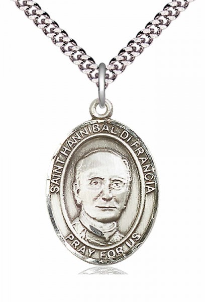 Men's Pewter Oval St. Hannibal Medal - 24" 2.4mm Rhodium Plate Endless Chain