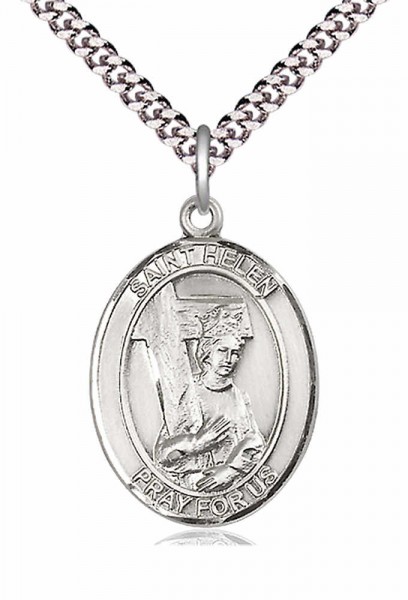 Men's Pewter Oval St. Helen Medal - 24" 2.4mm Rhodium Plate Endless Chain