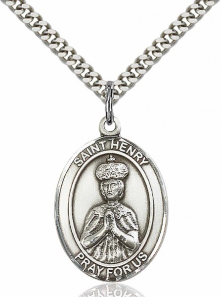 Men's Pewter Oval St. Henry II Medal - 24" 2.4mm Rhodium Plate Endless Chain