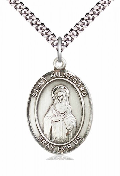 Men's Pewter Oval St. Hildegard Von Bingen Medal - 24" 2.4mm Rhodium Plate Chain + Clasp