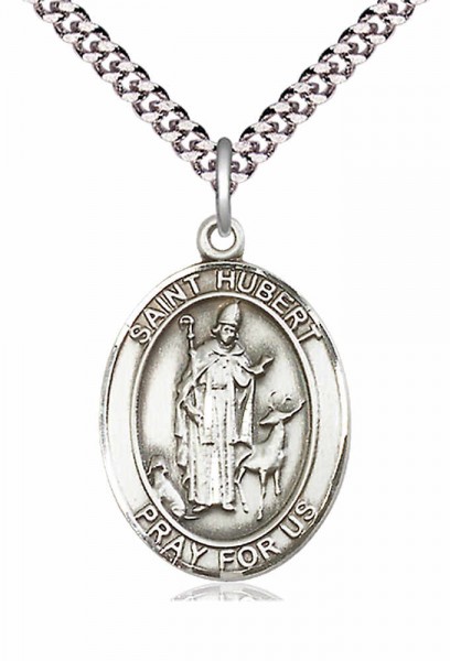 Men's Pewter Oval St. Hubert of Liege Medal - 24" 2.4mm Rhodium Plate Chain + Clasp
