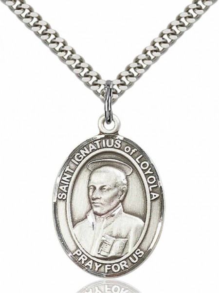 Men's Pewter Oval St. Ignatius of Loyola Medal - 24" 2.4mm Rhodium Plate Chain + Clasp
