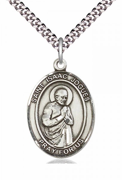 Men's Pewter Oval St. Isaac Jogues Medal - 20" Rhodium Plate Chain + Clasp