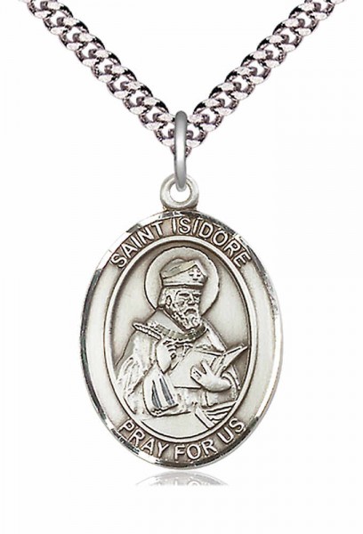 Men's Pewter Oval St. Isidore of Seville Medal - 24" 2.4mm Rhodium Plate Chain + Clasp