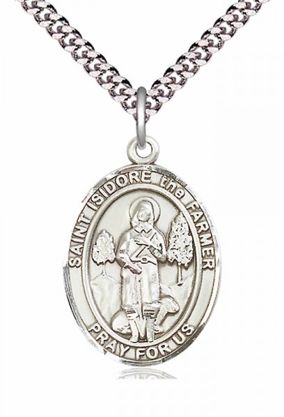 Men's Pewter Oval St. Isidore the Farmer Medal - 24" 2.4mm Rhodium Plate Endless Chain