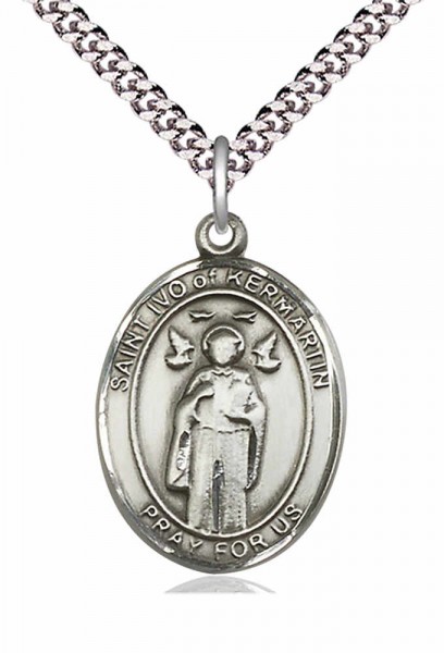 Men's Pewter Oval St. Ivo Medal - 24" 2.4mm Rhodium Plate Endless Chain