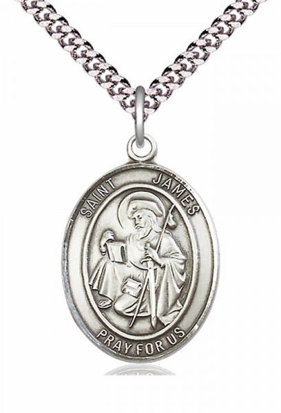 Men's Pewter Oval St. James the Greater Medal - 24" 2.4mm Rhodium Plate Endless Chain