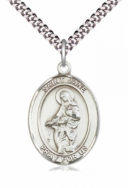 Men's Pewter Oval St. Jane of Valois Medal - 24" 2.4mm Rhodium Plate Endless Chain