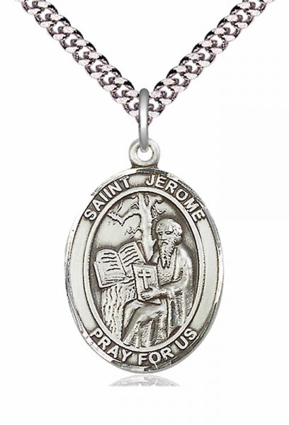 Men's Pewter Oval St. Jerome Medal - 24" 2.4mm Rhodium Plate Endless Chain