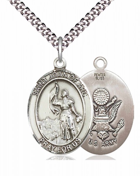 Men's Pewter Oval St. Joan of Arc Army Medal - 24" 2.4mm Rhodium Plate Chain + Clasp