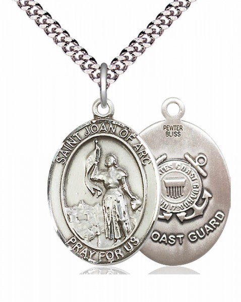 Men's Pewter Oval St. Joan of Arc  Coast Guard Medal - 24" 2.4mm Rhodium Plate Endless Chain