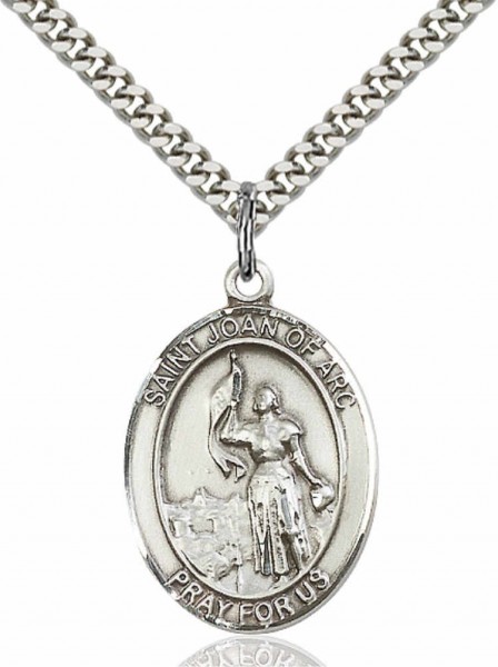 Men's Pewter Oval St. Joan of Arc Medal - 20" Rhodium Plate Chain + Clasp