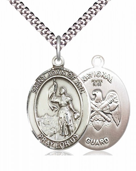 Men's Pewter Oval St. Joan of Arc National Guard Medal - 24" 2.4mm Rhodium Plate Chain + Clasp